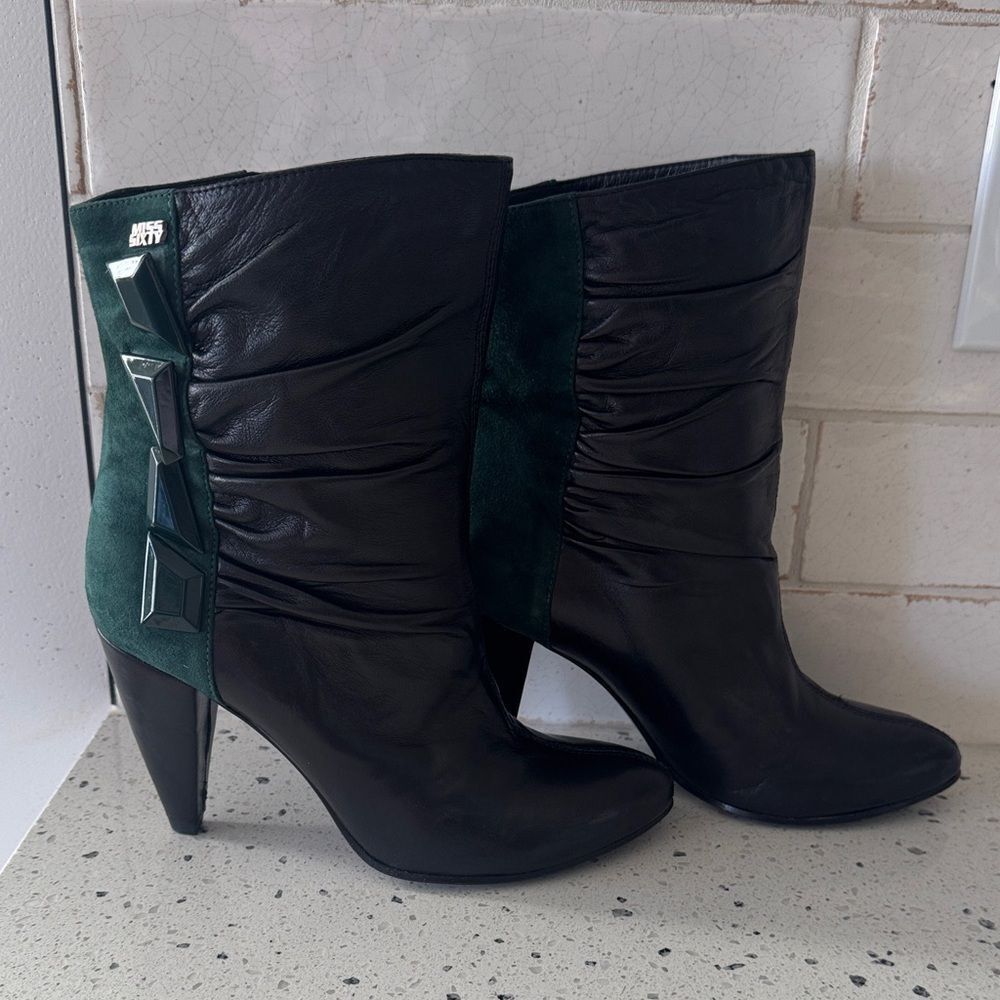 MISS SIXTY Vintage Y2K Black & Green Leather Ruched Ankle Heeled Boots Size 38